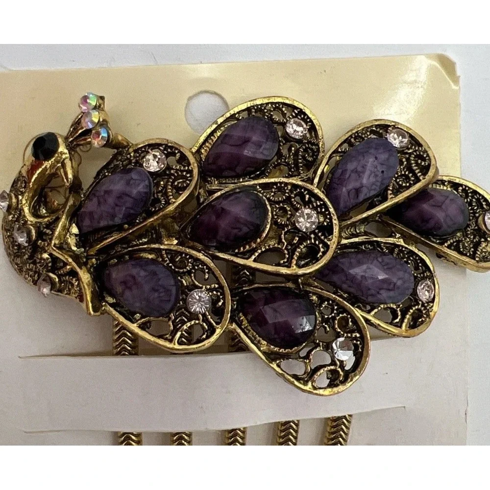 Peacock beads & Rhinestones Hair Comb purple , black and AB‎ gold tone